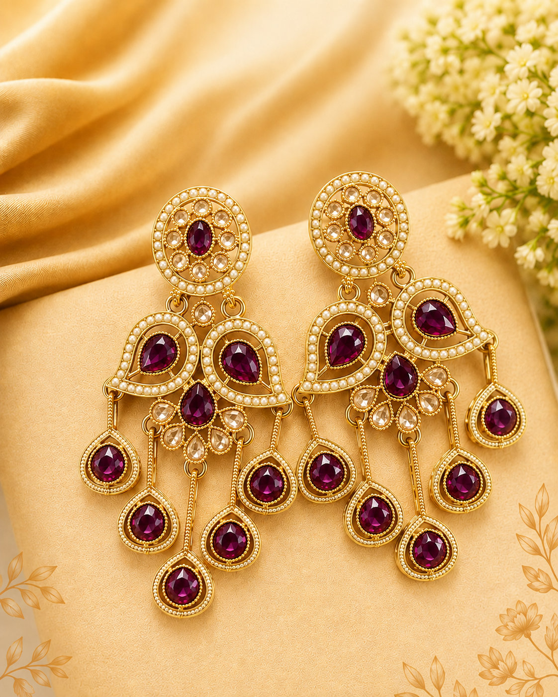 Gold Emerald Teardrop Seed Pearl Paisley Chandelier Earrings | OLT128