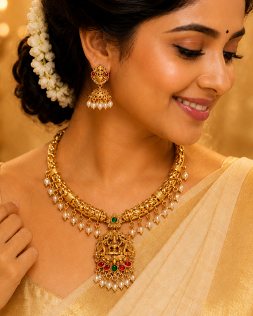 Antique Gold Lakshmi Temple Pendant Torque Necklace Set with Pearls | OL73