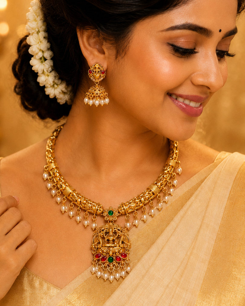 Antique Gold Lakshmi Temple Pendant Torque Necklace Set with Pearls | OL73