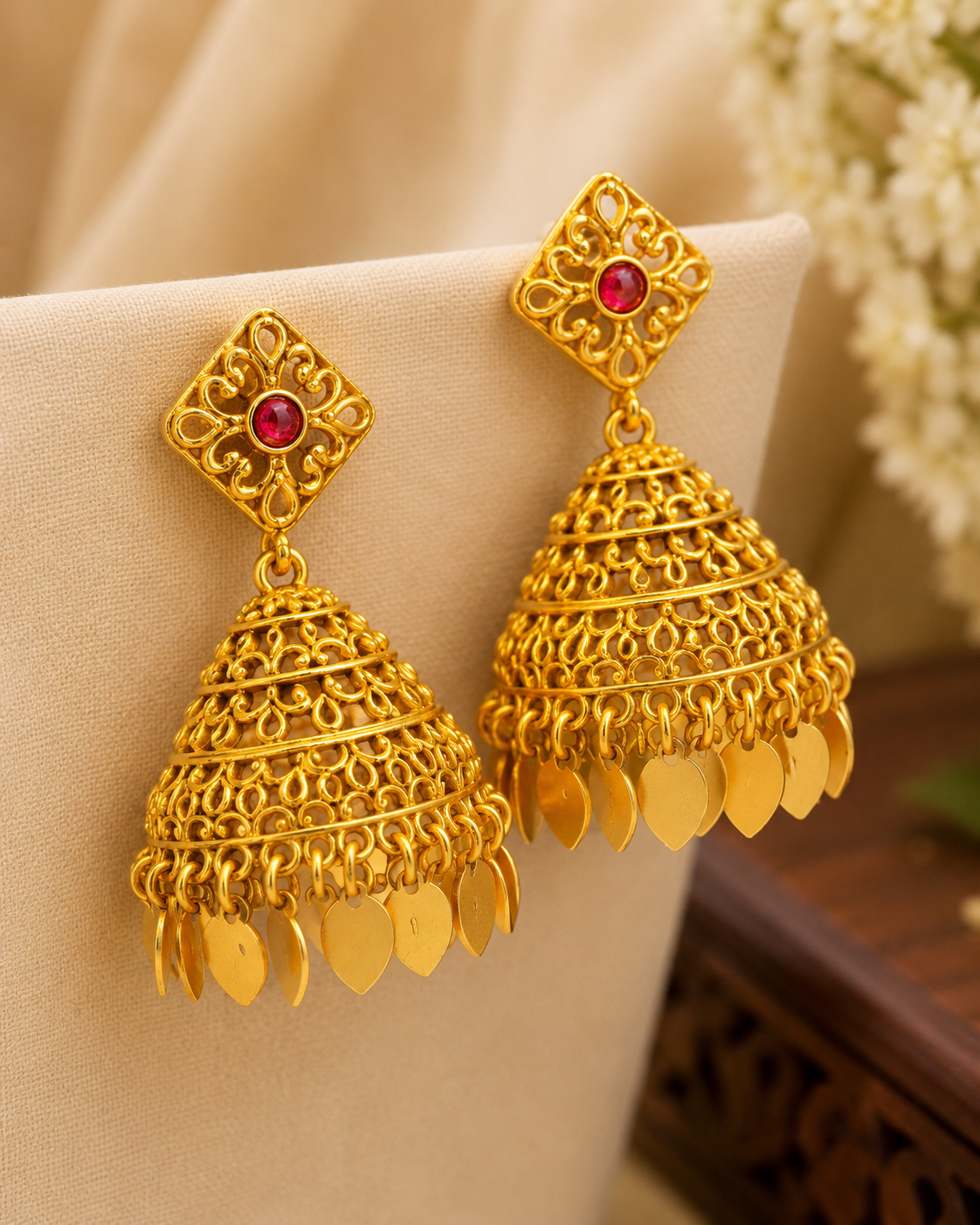 Gold Ruby Round Filigree Diamond Stud Large Jhumka Earrings -Pattern 2 | ONK96