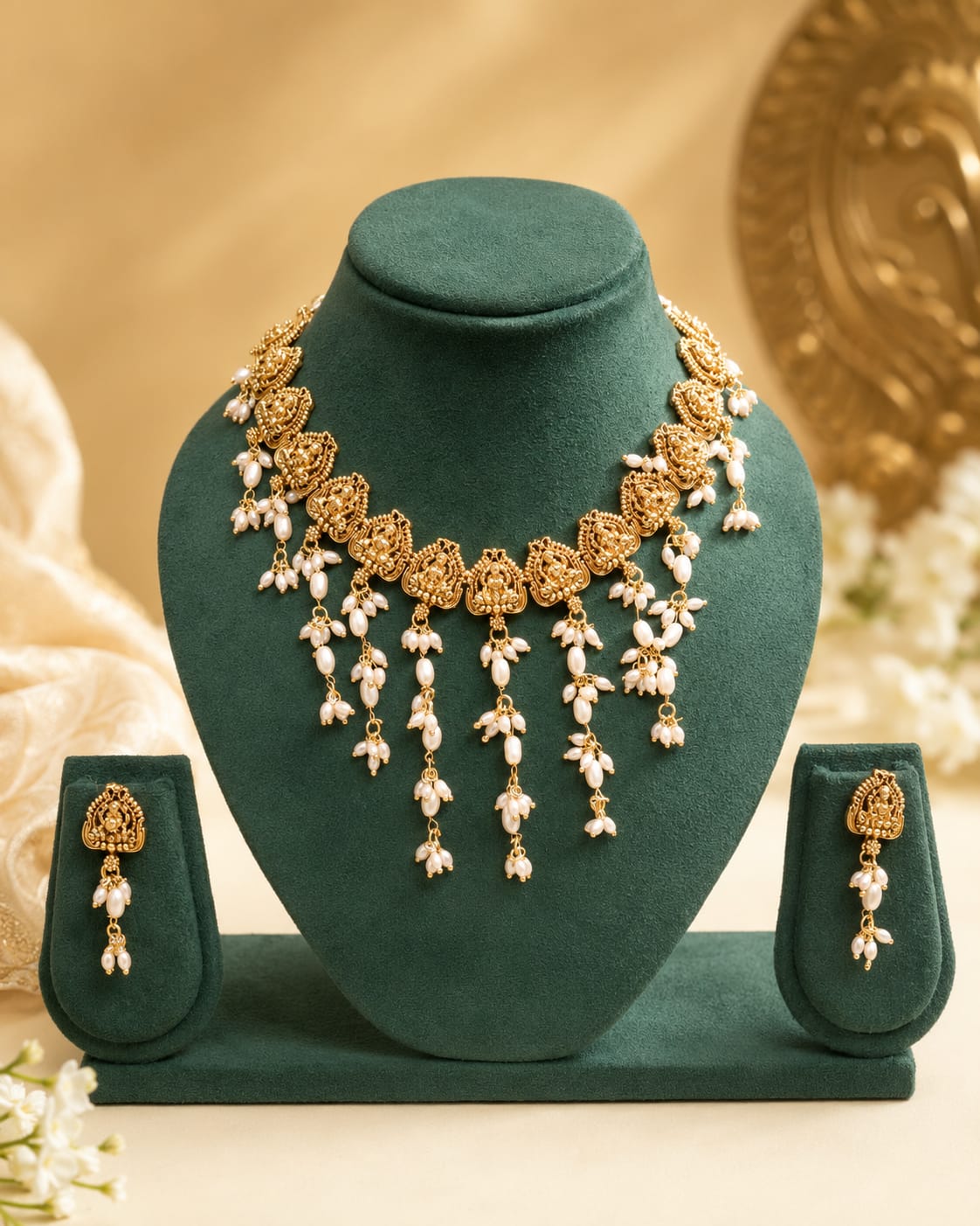 Antique Gold Lakshmi Temple Choker Necklace Set with Pearl Drops | OL157