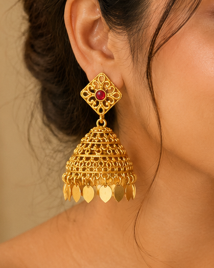 Gold Ruby Round Filigree Diamond Stud Large Jhumka Earrings -Pattern 2 | ONK96