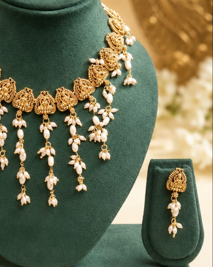 Antique Gold Lakshmi Temple Choker Necklace Set with Pearl Drops | OL157