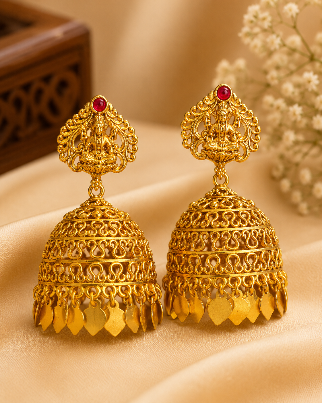 Gold Goddess Lakshmi Temple Filigree Large Jhumka Earrings - Pattern 3 | ONK96