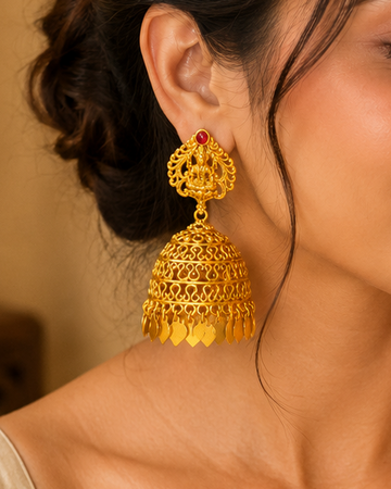 Gold Goddess Lakshmi Temple Filigree Large Jhumka Earrings - Pattern 3 | ONK96