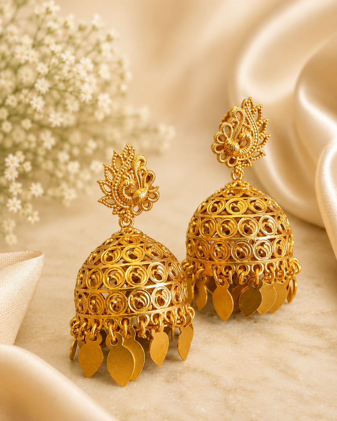 Gold Peacock Motif Filigree Scroll Large Jhumka Earrings -Pattern 4 | ONK96