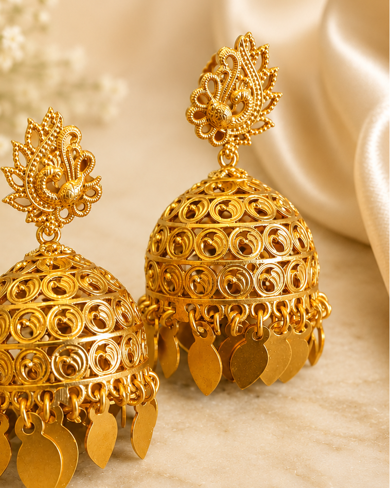 Gold Peacock Motif Filigree Scroll Large Jhumka Earrings -Pattern 4 | ONK96