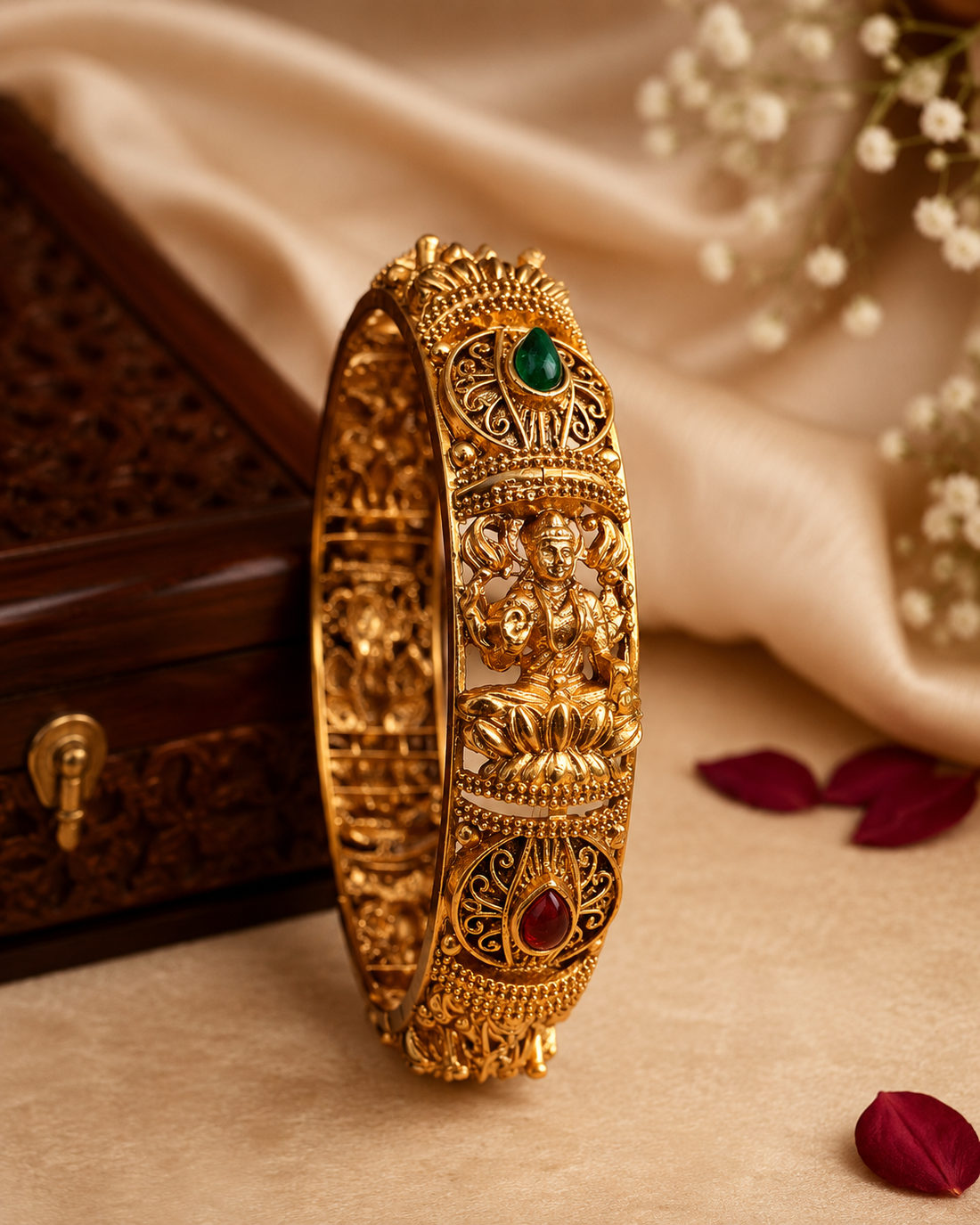 Antique Gold Nakshi Lakshmi Deity Lotus Throne Open Filigree Wide Kada Bangle with Emerald Ruby Teardrop Kemp |  ONK44