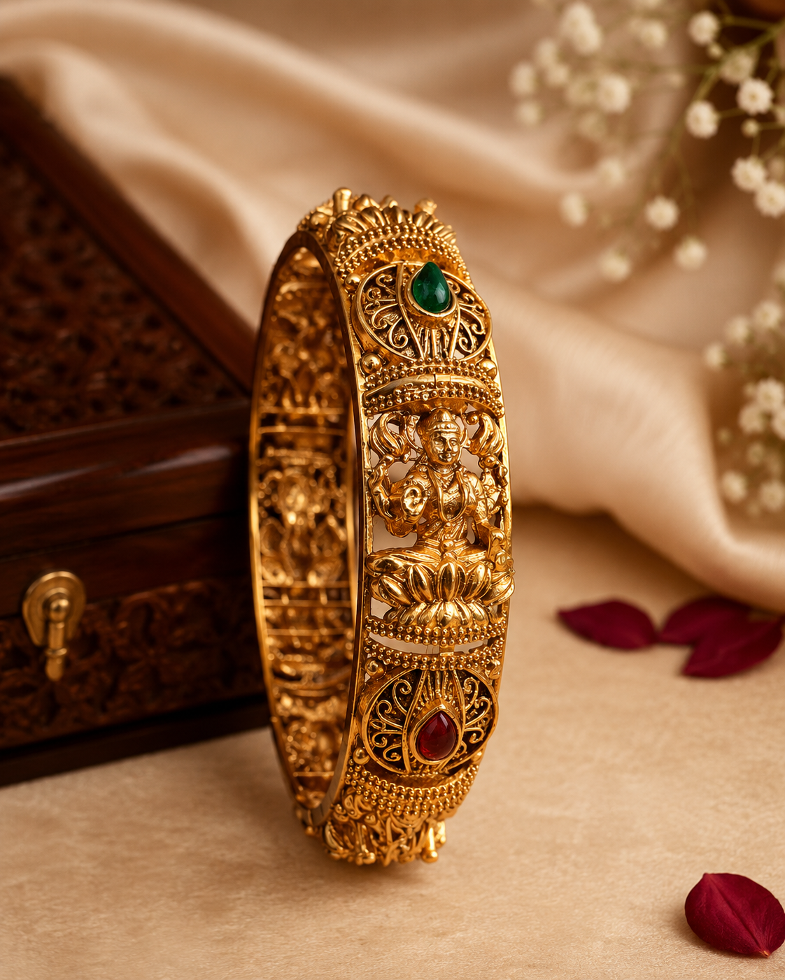 Antique Gold Nakshi Lakshmi Deity Lotus Throne Open Filigree Wide Kada Bangle with Emerald Ruby Teardrop Kemp |  ONK44