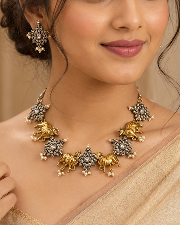 Antique Gold & Silver Cow Motif Choker Set with Pearl Drops |  OLT43