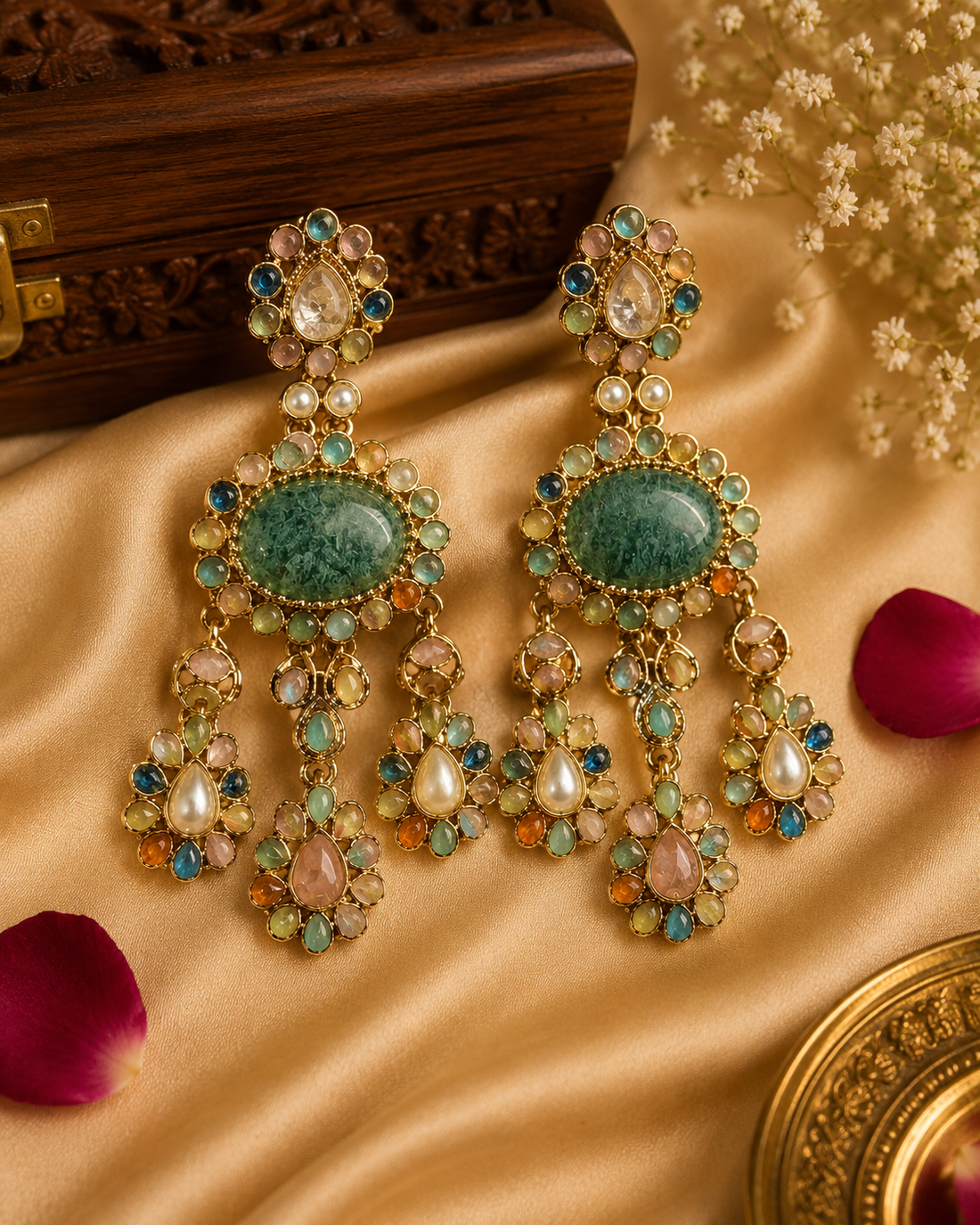 Gold Polki CZ Green Moss Agate Oval Multi-Stone Pastel Cabochon Chandelier Earrings with Pearl & Rose Quartz Drops |  OLT104