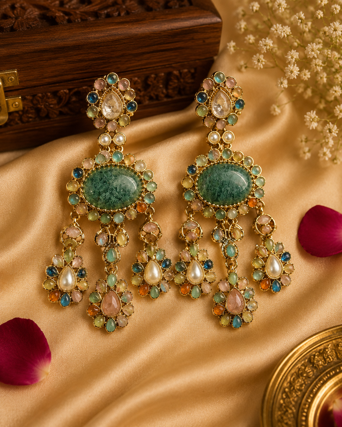 Gold Polki CZ Green Moss Agate Oval Multi-Stone Pastel Cabochon Chandelier Earrings with Pearl & Rose Quartz Drops |  OLT104