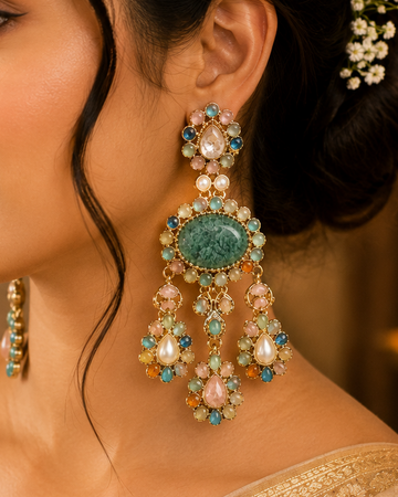 Gold Polki CZ Green Moss Agate Oval Multi-Stone Pastel Cabochon Chandelier Earrings with Pearl & Rose Quartz Drops |  OLT104