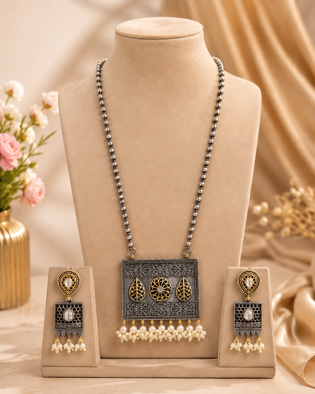 Oxidized Silver Long Necklace Set with Pearl Pendant & Earrings | OLT56