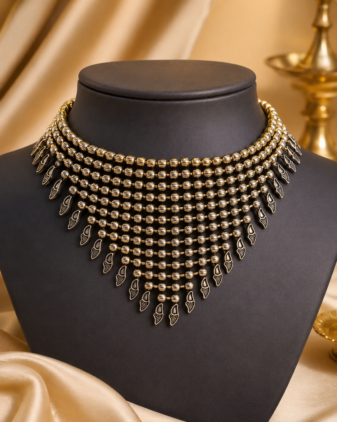 Traditional Gold & Silver Multi-Row Choker Necklace Set | OLT50