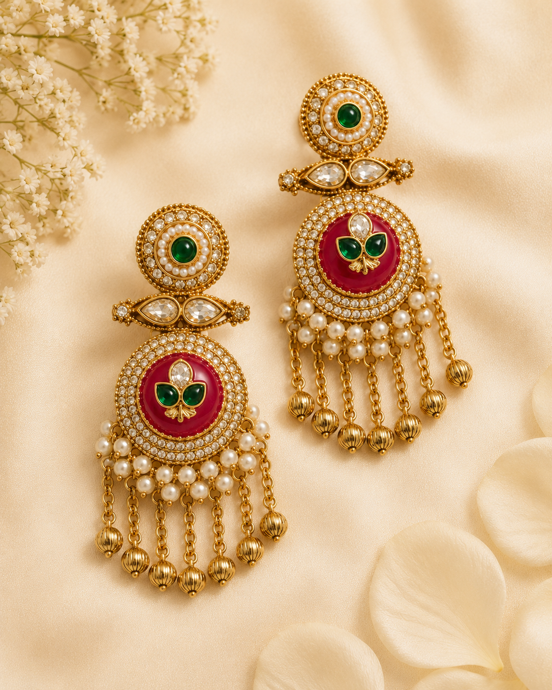 Gold Polki Meenakari Round Disc Emerald Ruby Kemp Fleur-de-Lis Earrings with Pearl Chain Ghungroo Tassel |