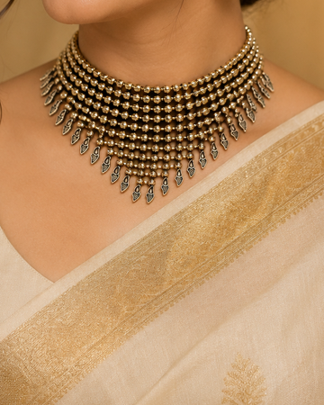 Traditional Gold & Silver Multi-Row Choker Necklace Set | OLT50