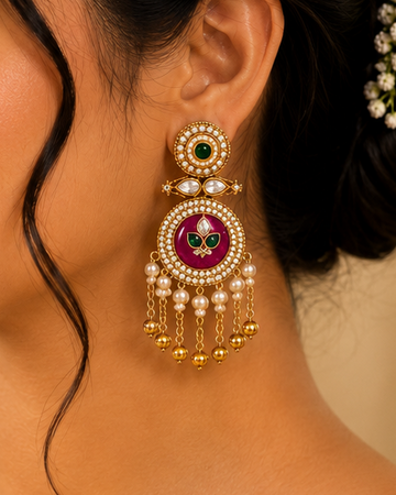 Gold Polki Meenakari Round Disc Emerald Ruby Kemp Fleur-de-Lis Earrings with Pearl Chain Ghungroo Tassel |