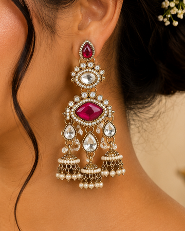 Gold Polki CZ Ruby Marquise, Triple Pearl Jhumka Chandelier Earrings | OLT156