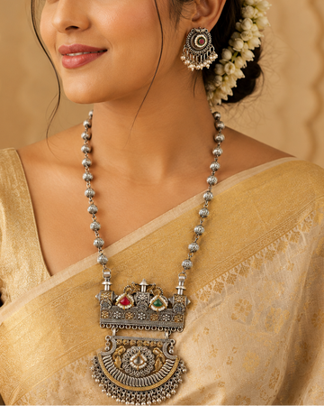 Traditional Oxidized Silver Necklace Set with Earrings | OLT33