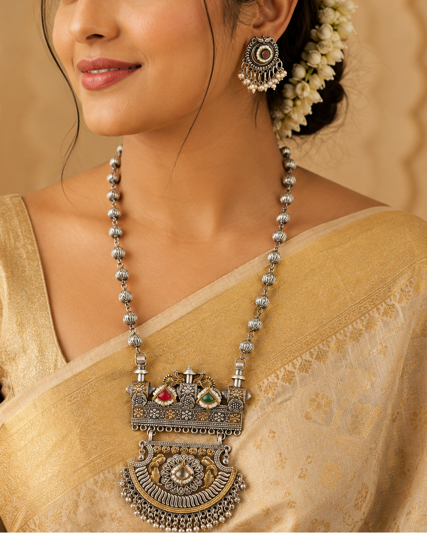 Traditional Oxidized Silver Necklace Set with Earrings | OLT33