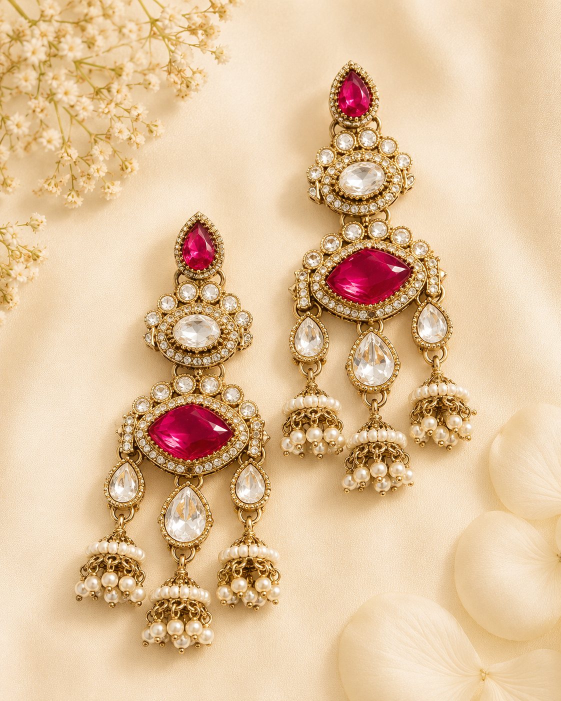 Gold Polki CZ Ruby Marquise, Triple Pearl Jhumka Chandelier Earrings | OLT156
