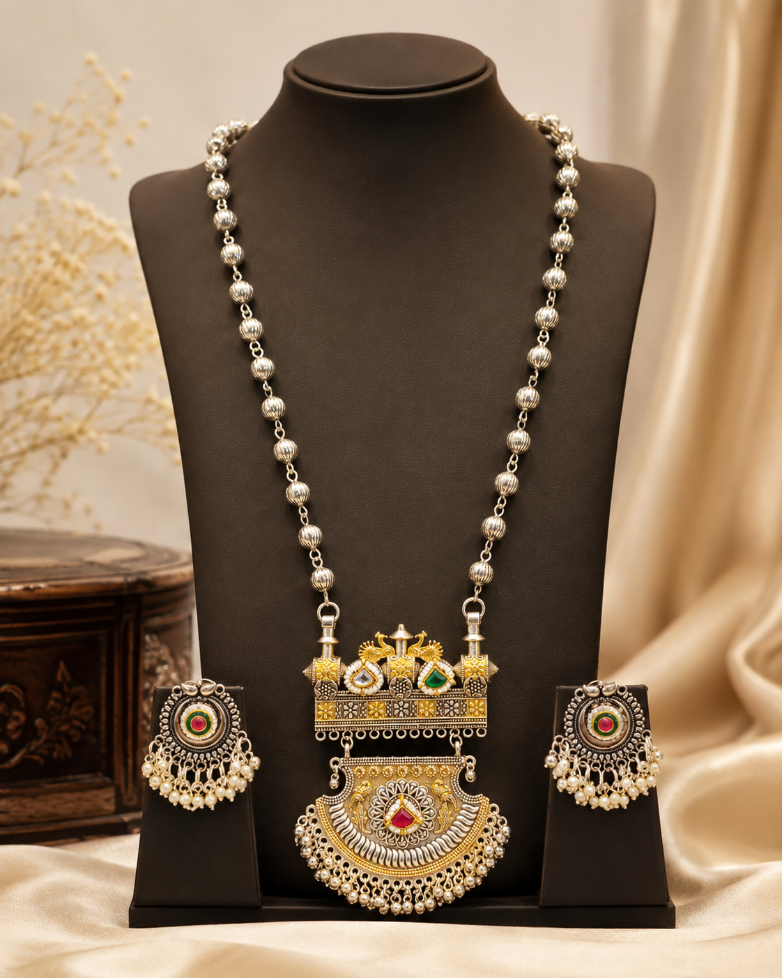 Traditional Oxidized Silver Necklace Set with Earrings | OLT33