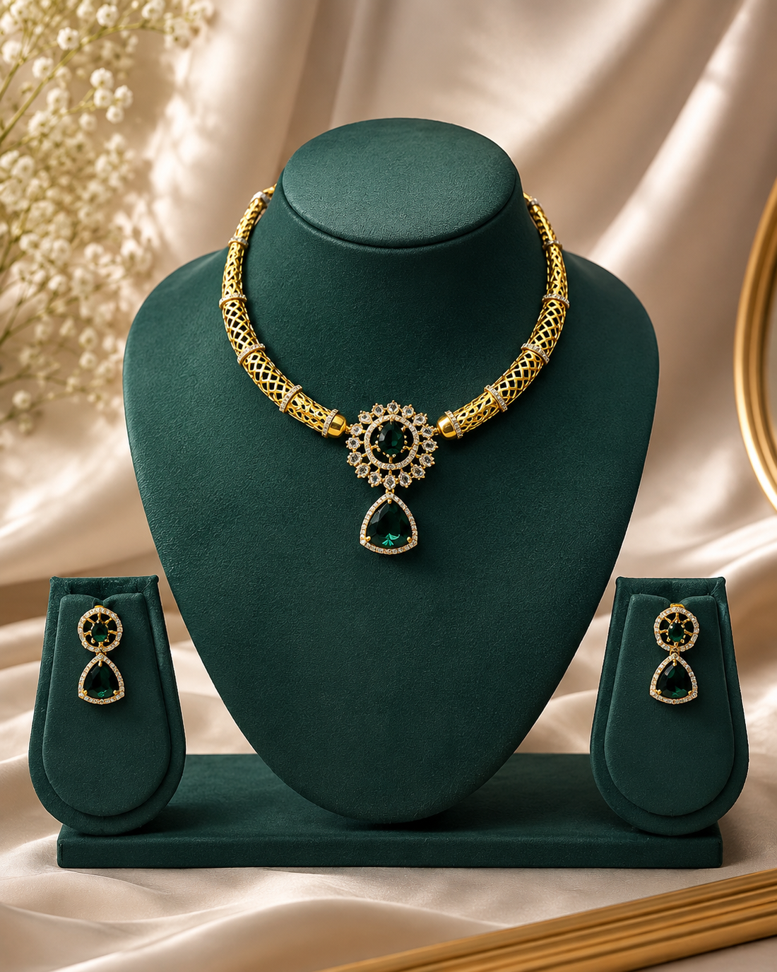 Emerald Green Stone Gold Plated Necklace Set with Earrings for Wedding,Llb14