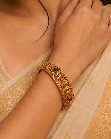 Antique Gold Nakshi Lakshmi Deity Lotus Throne Open Filigree Wide Kada Bangle with Emerald Ruby Teardrop Kemp |  ONK44