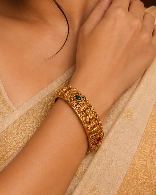 Antique Gold Nakshi Lakshmi Deity Lotus Throne Open Filigree Wide Kada Bangle with Emerald Ruby Teardrop Kemp |  ONK44