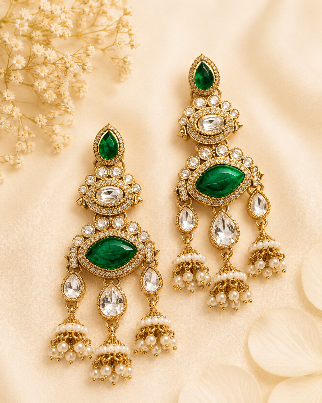 Gold Polki CZ Emerald Marquise Large Polki CZ Oval Connector Triple Pearl Jhumka Chandelier Earrings | OLT151
