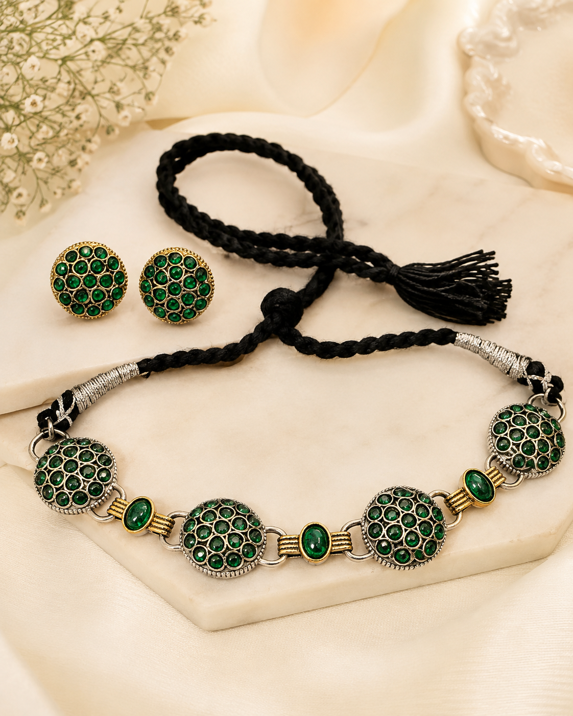 Green Stone Black Thread Necklace & Earrings Set | OLT28