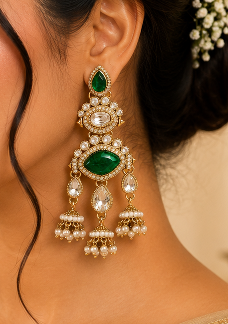 Gold Polki CZ Emerald Marquise Large Polki CZ Oval Connector Triple Pearl Jhumka Chandelier Earrings | OLT151