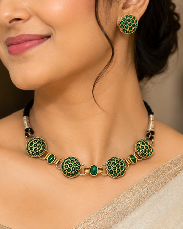 Green Stone Black Thread Necklace & Earrings Set | OLT28