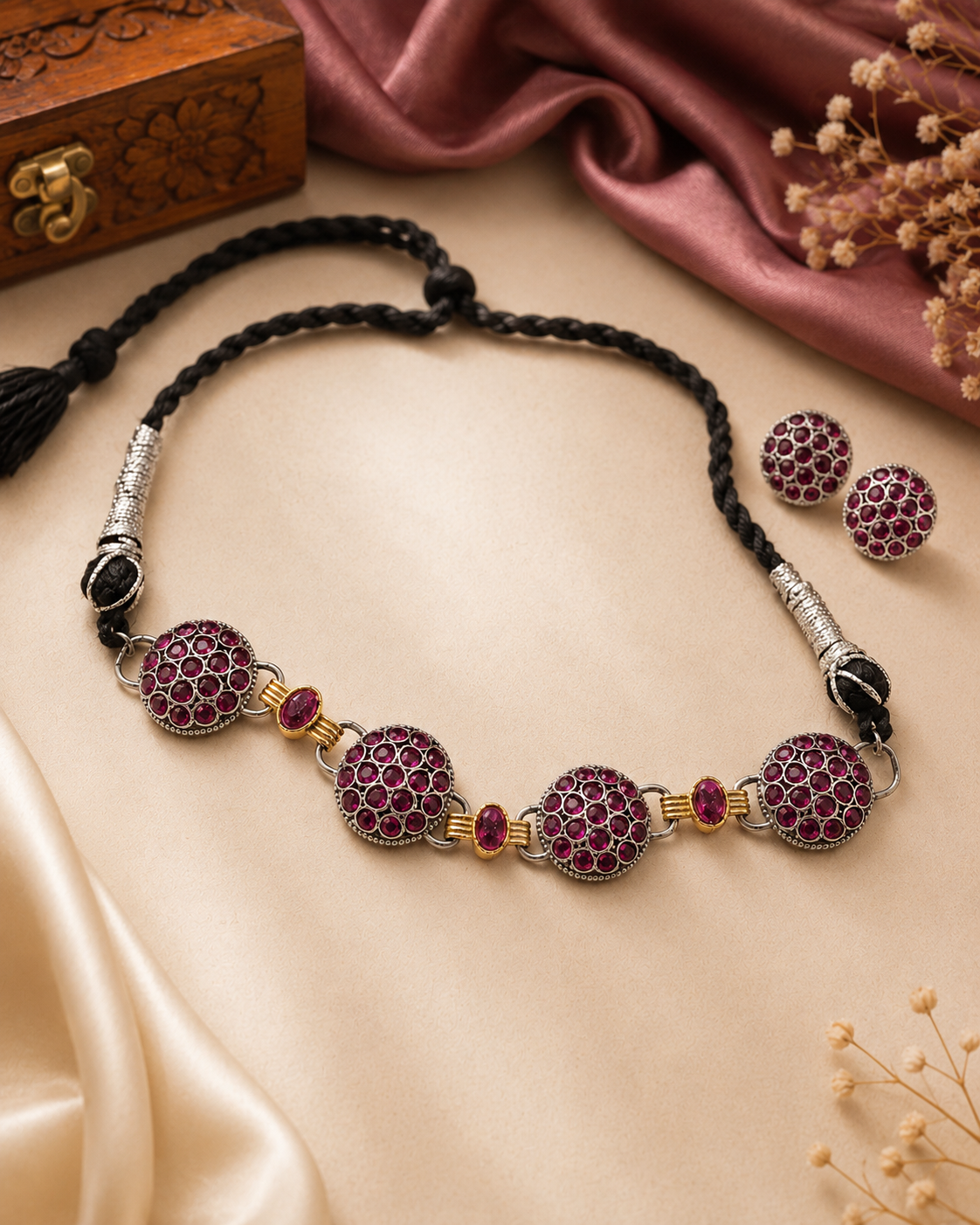 Green Stone Black Thread Necklace & Earrings Set | OLT28