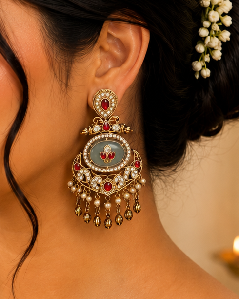 Antique Gold Polki CZ Greyish Green Oval Kemp Ruby Fleur-de-Lis Crescent Arch Chandelier Earrings with Lotus Bud Tassel | OLT120