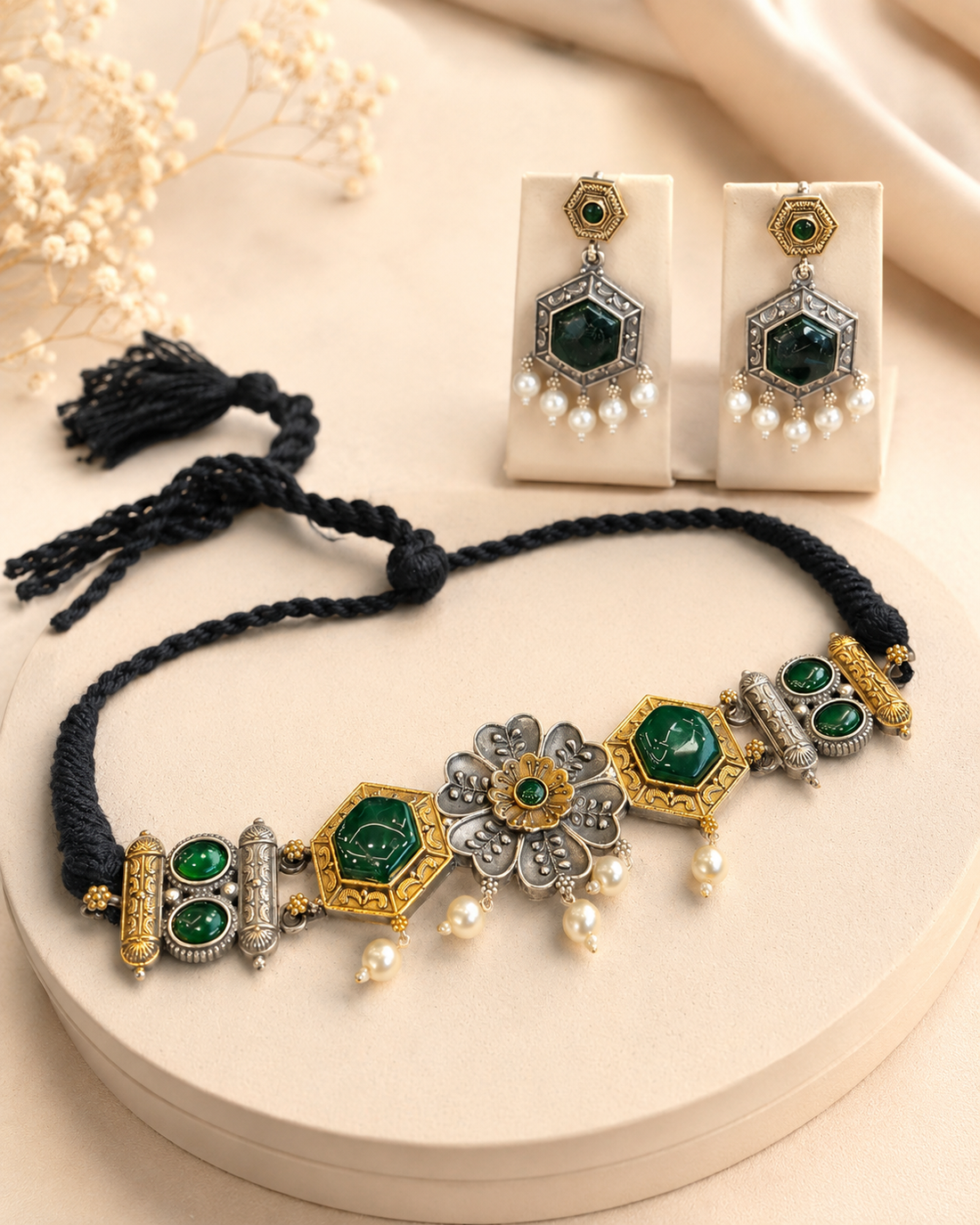 Green Stone Antique Choker Set with Matching Earrings | OLT29