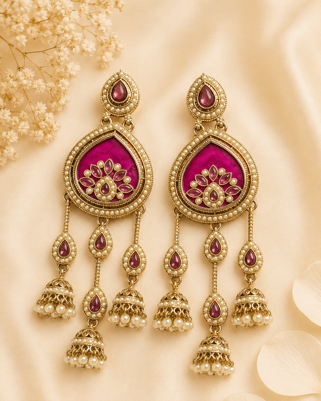Antique Gold Ruby Kemp Pink Meenakari Teardrop Disc Ruby Marquise Lotus Triple Pearl Jhumka Chandelier Earrings | OLT117