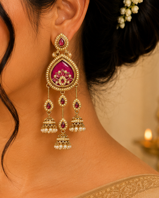 Antique Gold Ruby Kemp Pink Meenakari Teardrop Disc Ruby Marquise Lotus Triple Pearl Jhumka Chandelier Earrings | OLT117