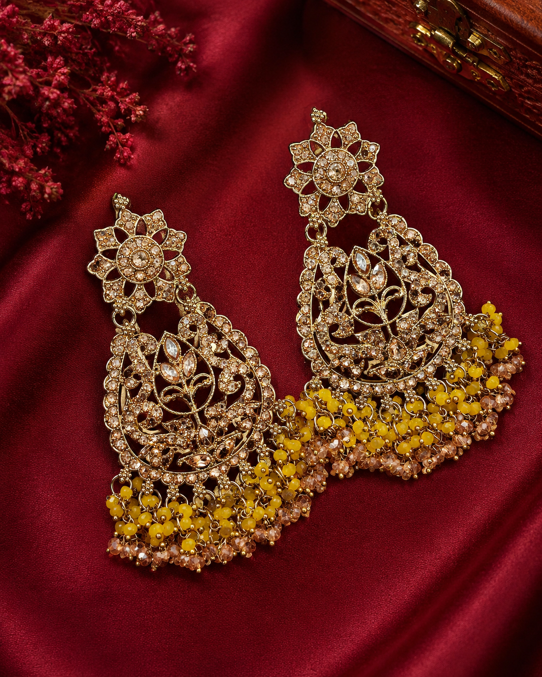 Gold CZ Pave Open Filigree Floral Vine Chandbali Earrings with Yellow Champagne Crystal Fringe | OLT157