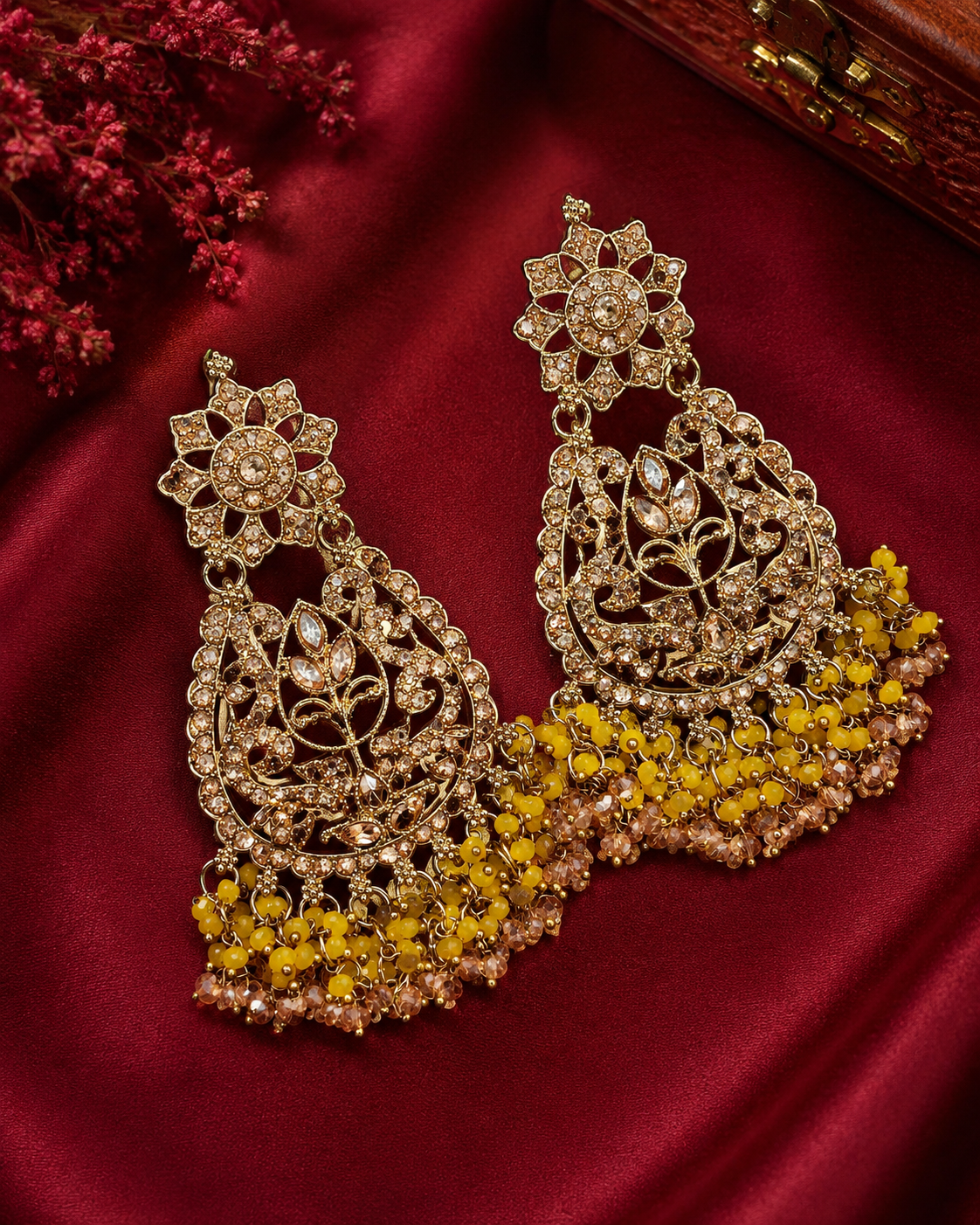 Gold CZ Pave Open Filigree Floral Vine Chandbali Earrings with Yellow Champagne Crystal Fringe | OLT157