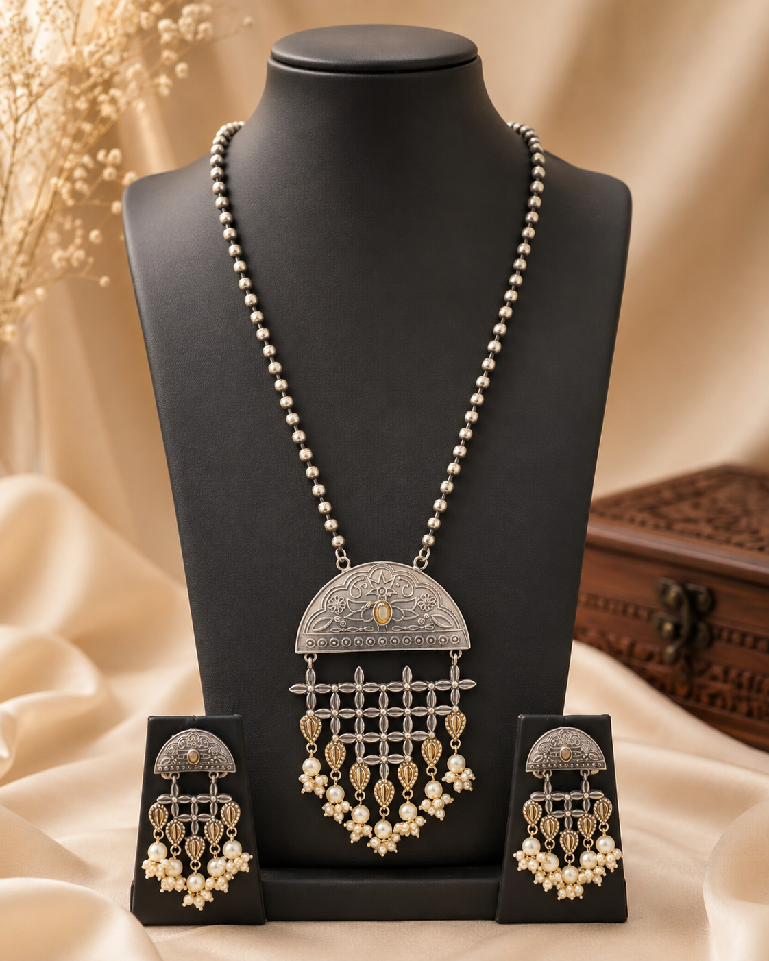 Antique Silver Necklace Set with Pearl & Gold Detailing | OLT49