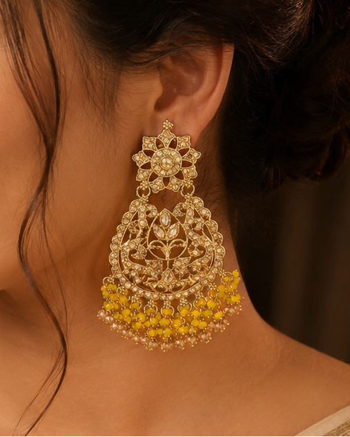 Gold CZ Pave Open Filigree Floral Vine Chandbali Earrings with Yellow Champagne Crystal Fringe | OLT157