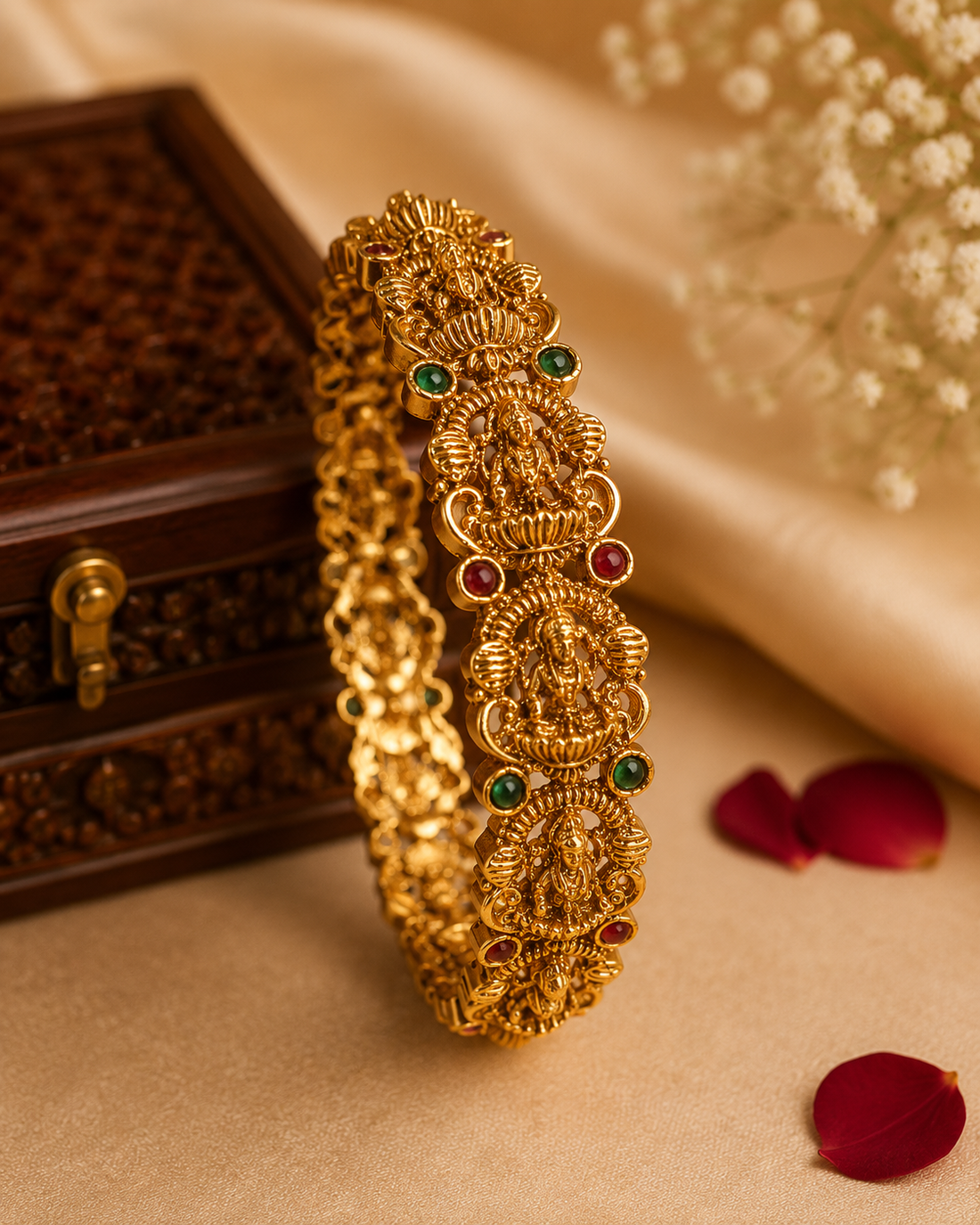 Antique Gold Lakshmi Deity Ribbed Oval Frame Bangle with Ruby Emerald Kemp | ONK39