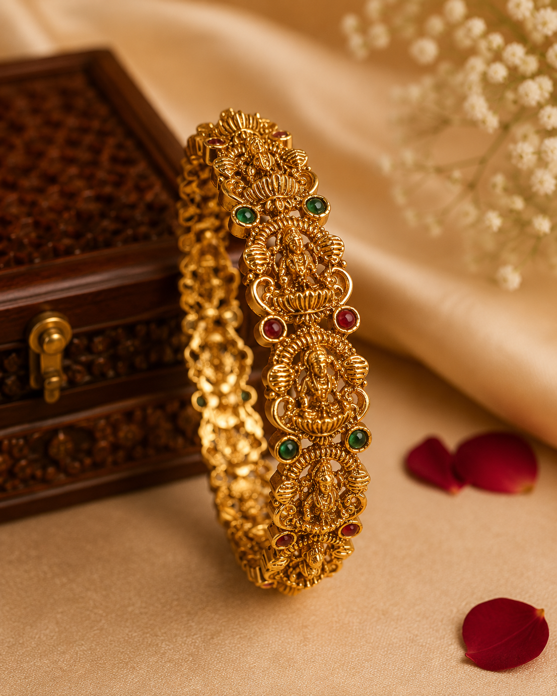 Antique Gold Lakshmi Deity Ribbed Oval Frame Bangle with Ruby Emerald Kemp | ONK39