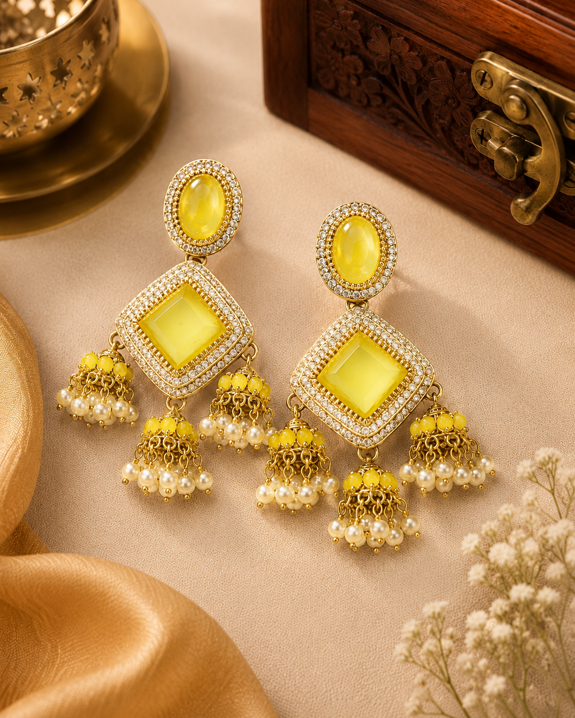 Gold CZ  Yellow Chalcedony Oval Diamond-Cut Square Cabochon Triple Pearl Jhumka Earrings |  OLT143