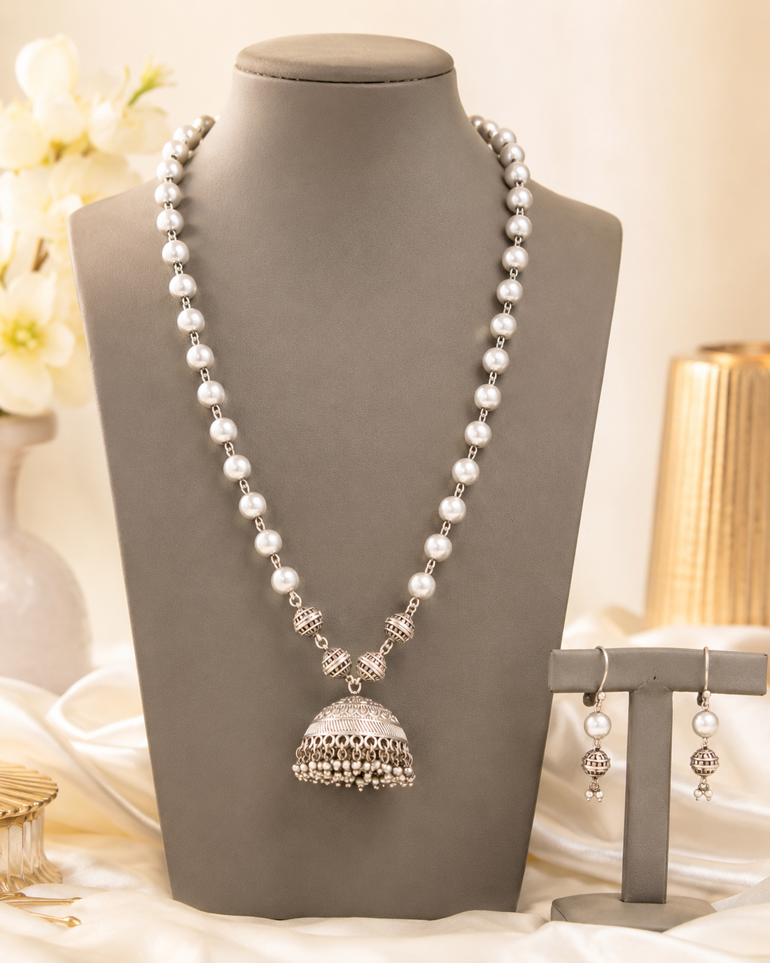 Oxidized Long Necklace Set with Silver Jhumka Pendant | OLT39