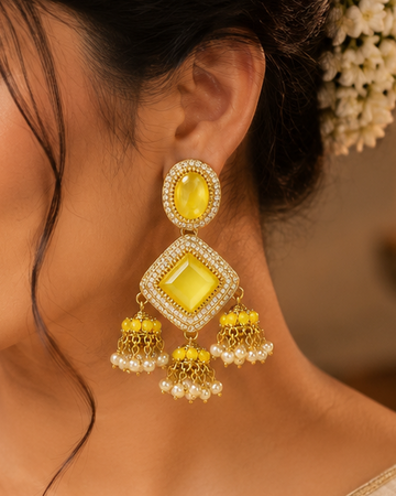 Gold CZ  Yellow Chalcedony Oval Diamond-Cut Square Cabochon Triple Pearl Jhumka Earrings |  OLT143