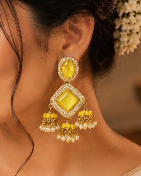 Gold CZ  Yellow Chalcedony Oval Diamond-Cut Square Cabochon Triple Pearl Jhumka Earrings |  OLT143
