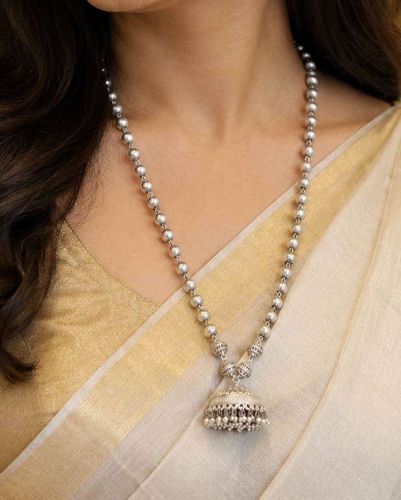 Oxidized Long Necklace Set with Silver Jhumka Pendant | OLT39